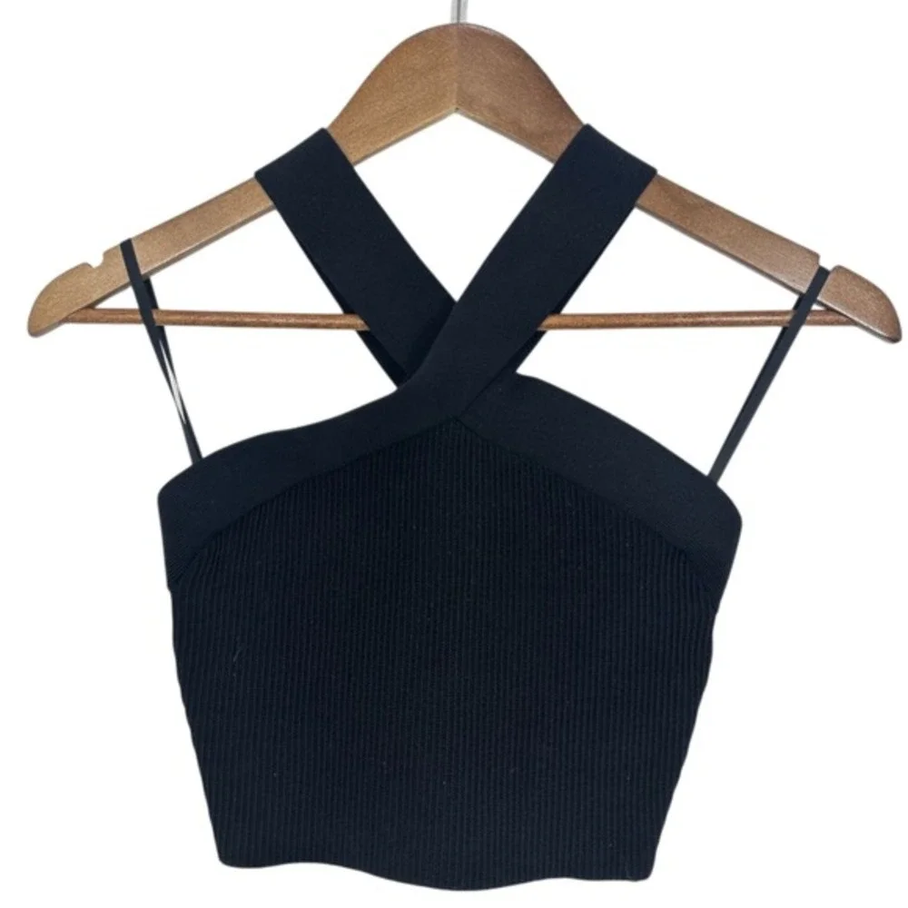 Babaton Black Ribbed Sculpt Knit Crisscross Halter Crop‎ Top Size S - Picture 3 of 8